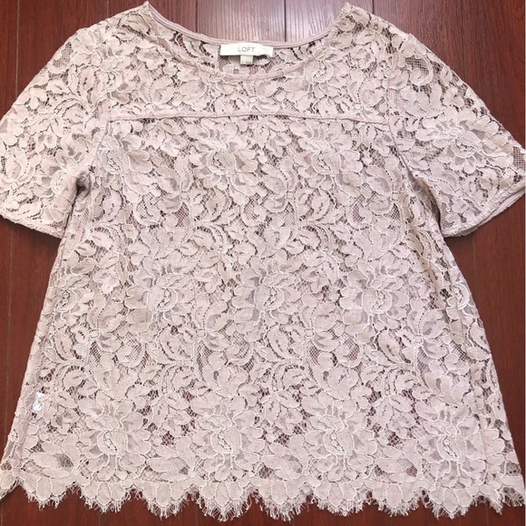 LOFT Eyelet Lace Overlay Hyper-feminine Pink Short Sleeve Blouse size S - Picture 4 of 7